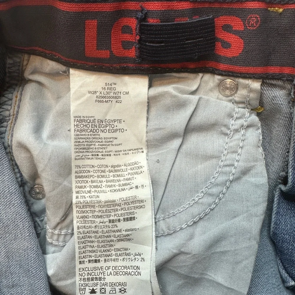 Levi's 514 Jeans Boys 16 Regular Blue Straight Fit Distressed Elastic Waistband